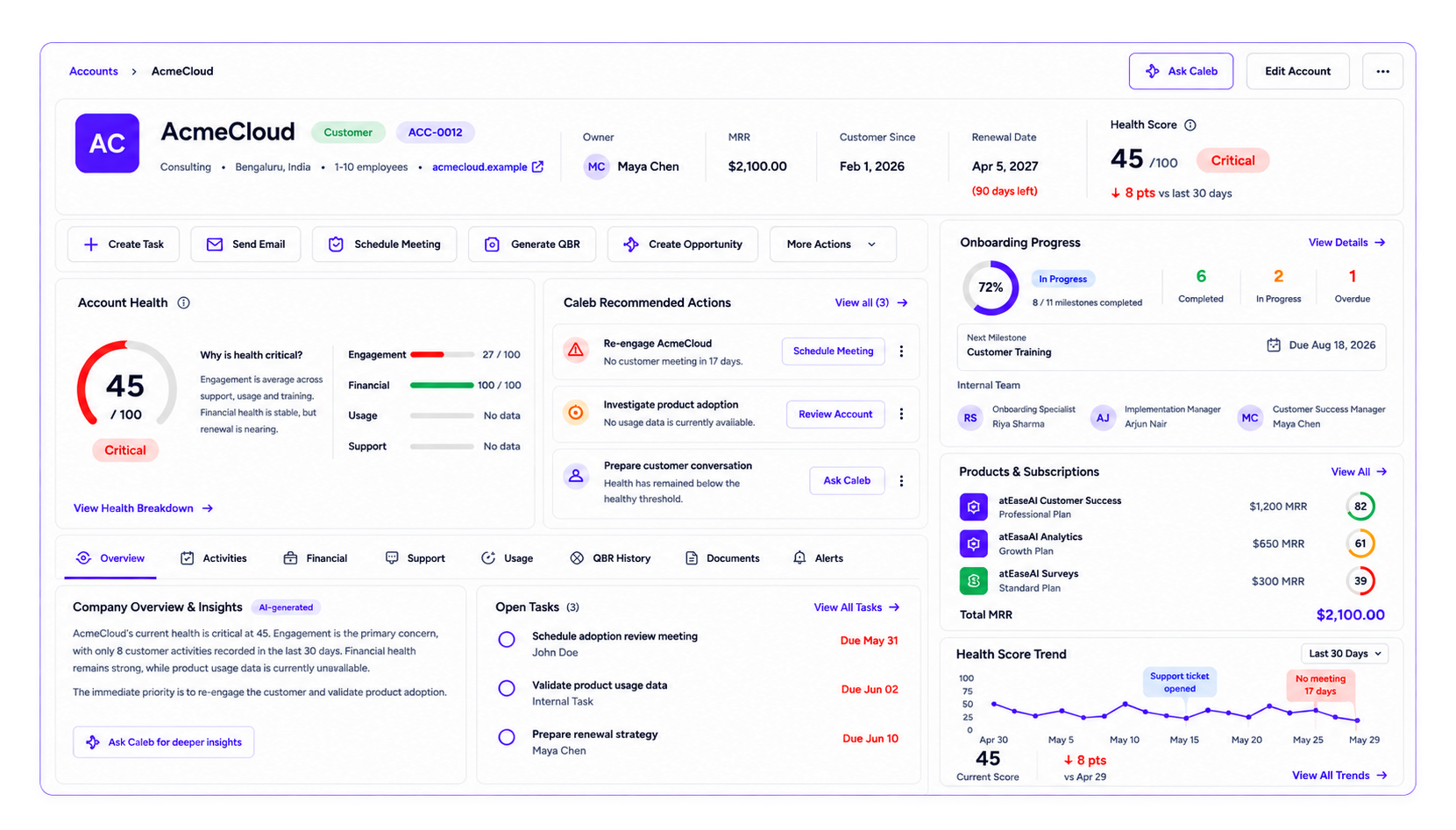 Customer 360 with fictional account context, account health, and proposed next actions